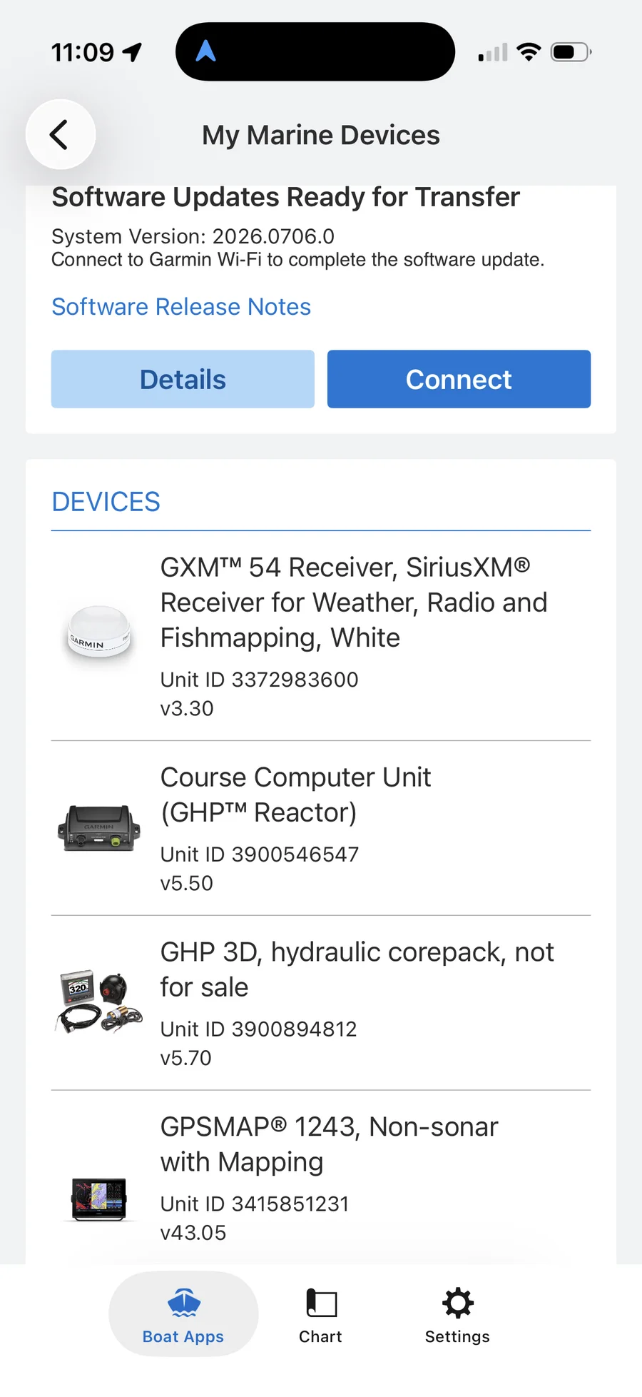The My Marine Devices screen listing a GXM 54 receiver, GHP Reactor course computer, GHP 3D corepack, and GPSMAP 1243