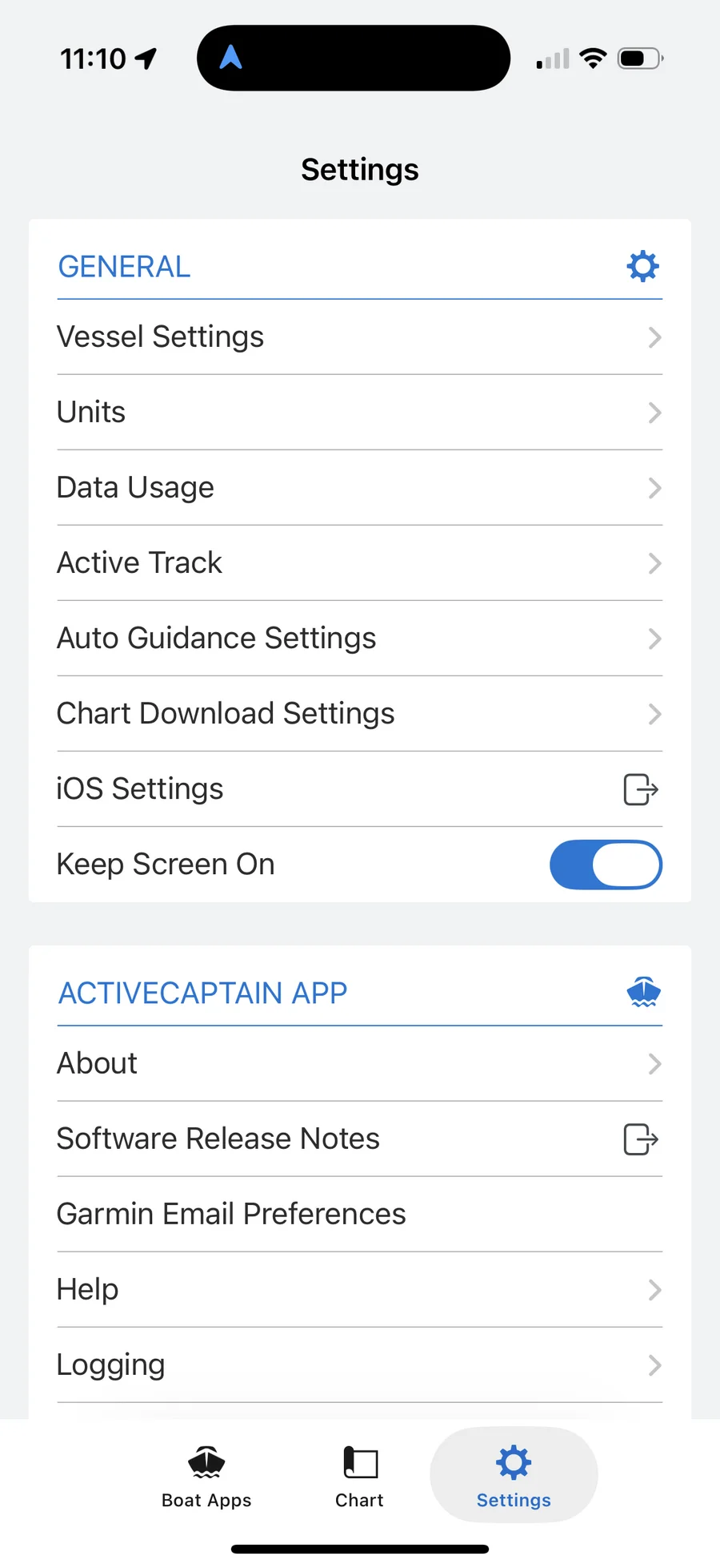 The Settings screen showing General and ActiveCaptain App sections