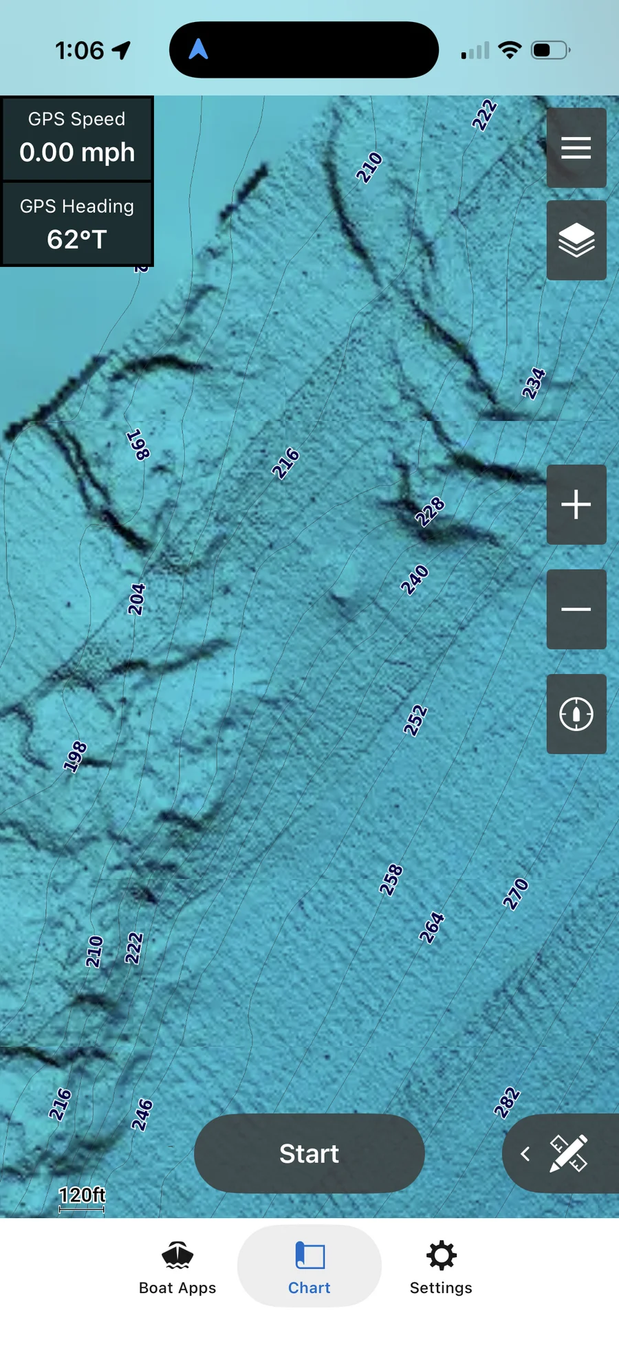Shaded relief bathymetric detail on a Garmin chartplotter, showing bottom contour and structure rendered in 3D-style shading