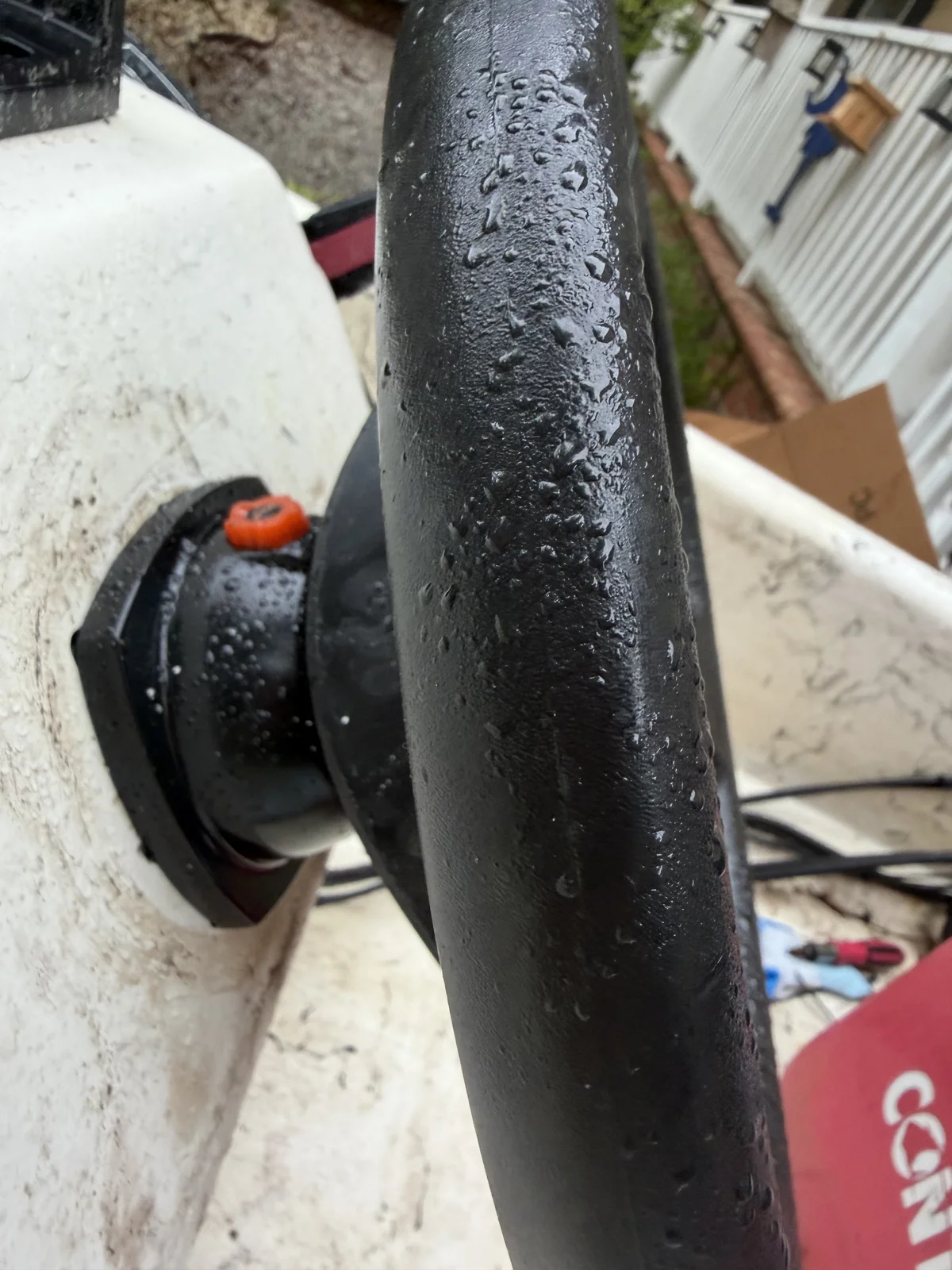 The new hydraulic steering wheel installed at the helm