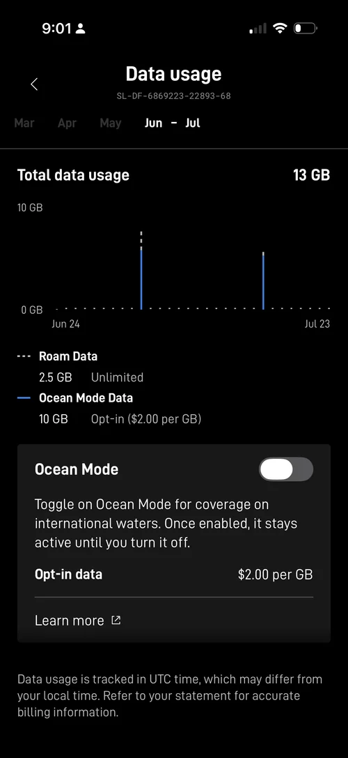 The ocean/priority data toggle in the Starlink app, switched on for a day offshore